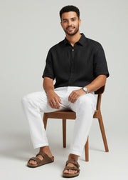 Black Solid Band Collar Short Sleeve Pure Cotton Men's Shirt