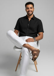 Black Solid Band Collar Short Sleeve Pure Cotton Men's Shirt