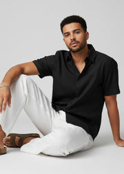Black Solid Band Collar Short Sleeve Pure Cotton Men's Shirt
