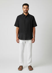 Black Solid Band Collar Short Sleeve Pure Cotton Men's Shirt