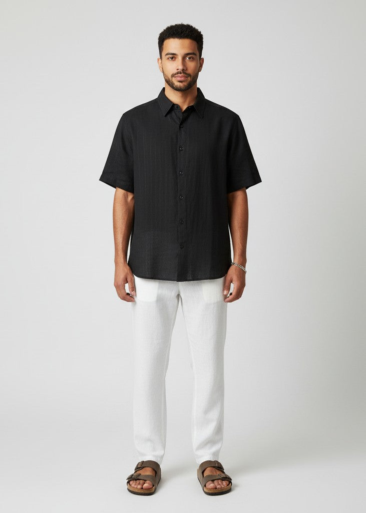 Black Solid Band Collar Short Sleeve Pure Cotton Men's Shirt