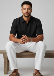 Black Solid Band Collar Short Sleeve Pure Cotton Men's Shirt