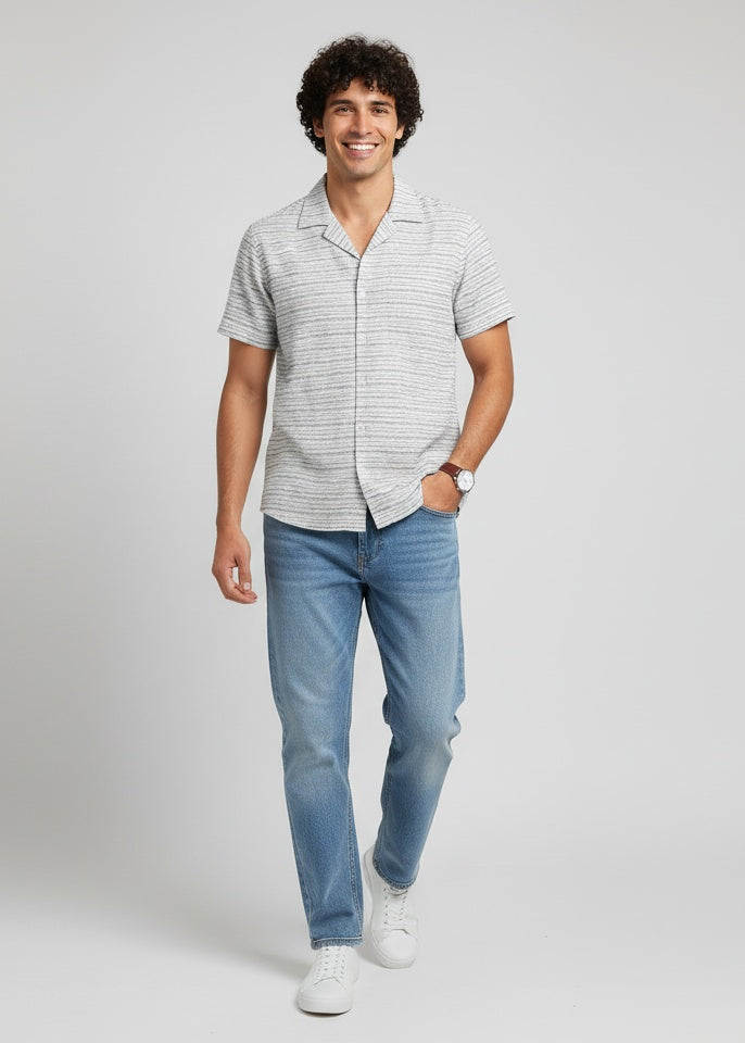 Off White Striped Print Short Sleeve Cotton Oversized Men's Shirt