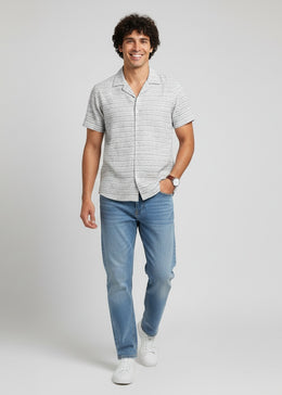 Off White Striped Print Short Sleeve Cotton Oversized Men's Shirt
