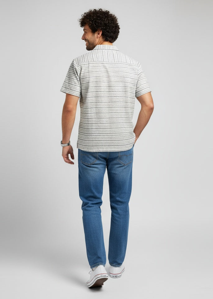 Off White Striped Print Short Sleeve Relaxed Fit Cotton Shirt