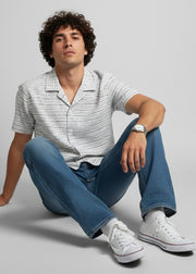 Off White Striped Print Short Sleeve Cotton Oversized Men's Shirt