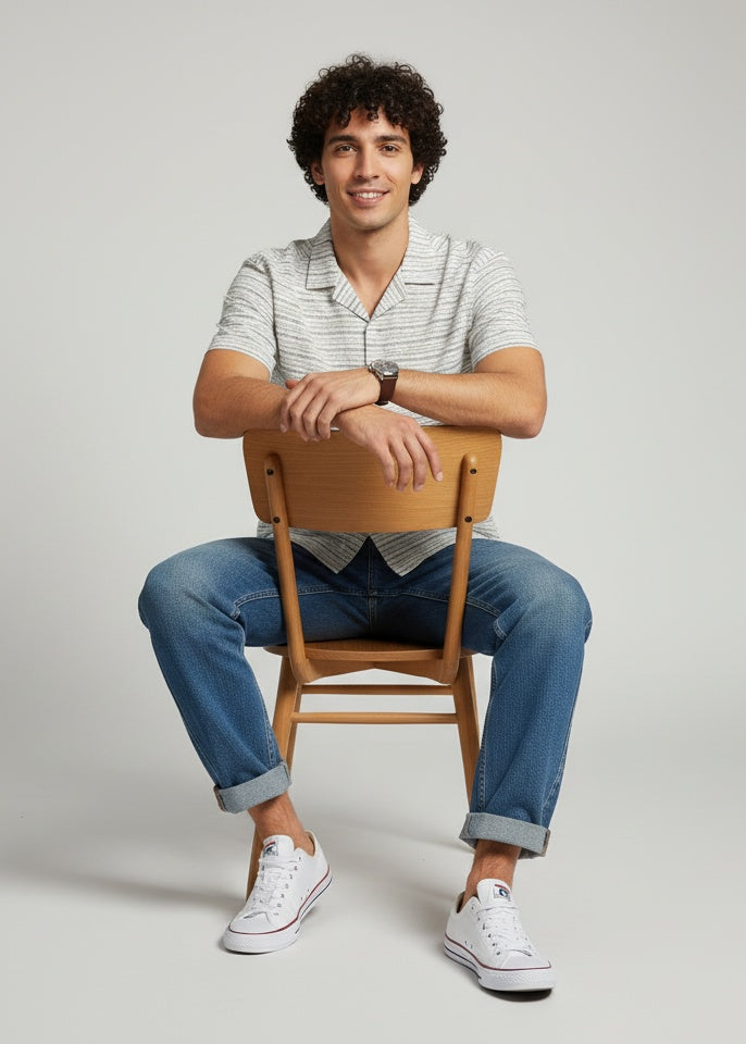 Off White Striped Print Short Sleeve Relaxed Fit Cotton Shirt