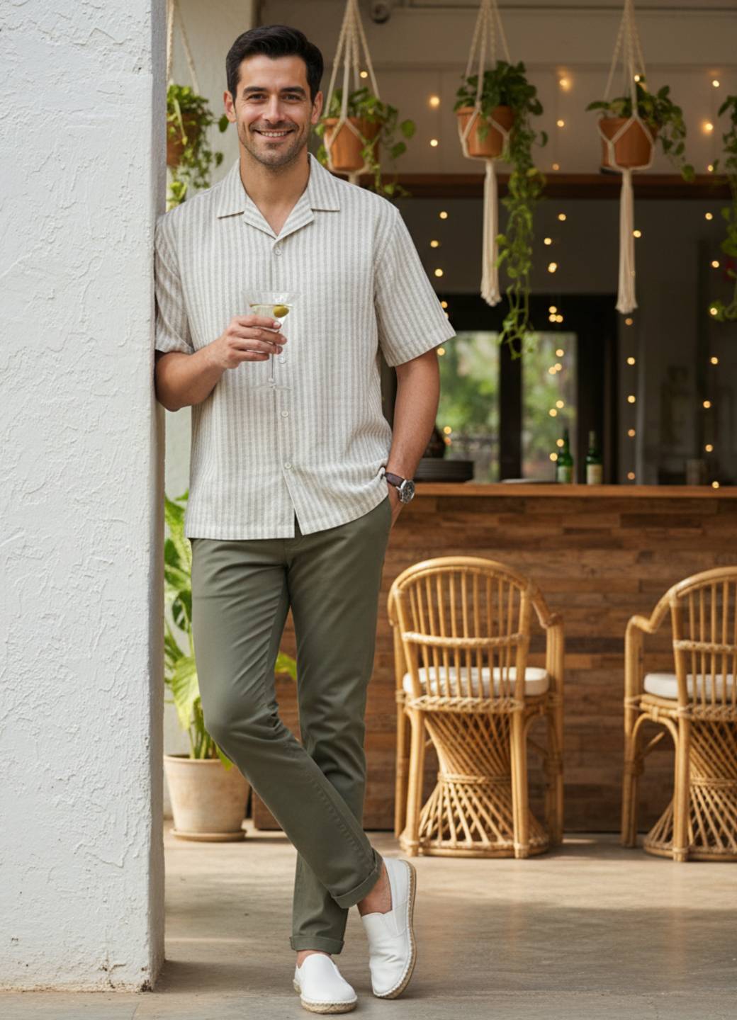 Off White Cuban Collar Striped Relaxed Fit Cotton Men's Shirt