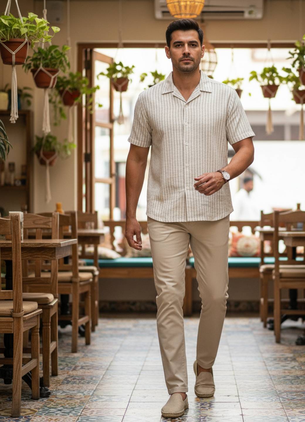 Off White Cuban Collar Striped Relaxed Fit Cotton Men's Shirt
