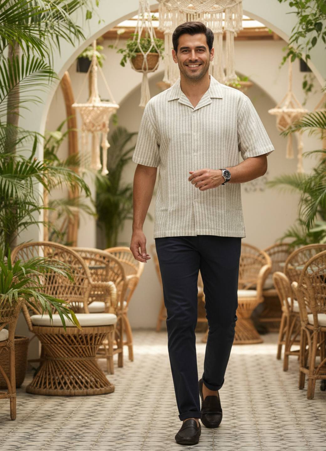 Off White Cuban Collar Striped Relaxed Fit Cotton Men's Shirt