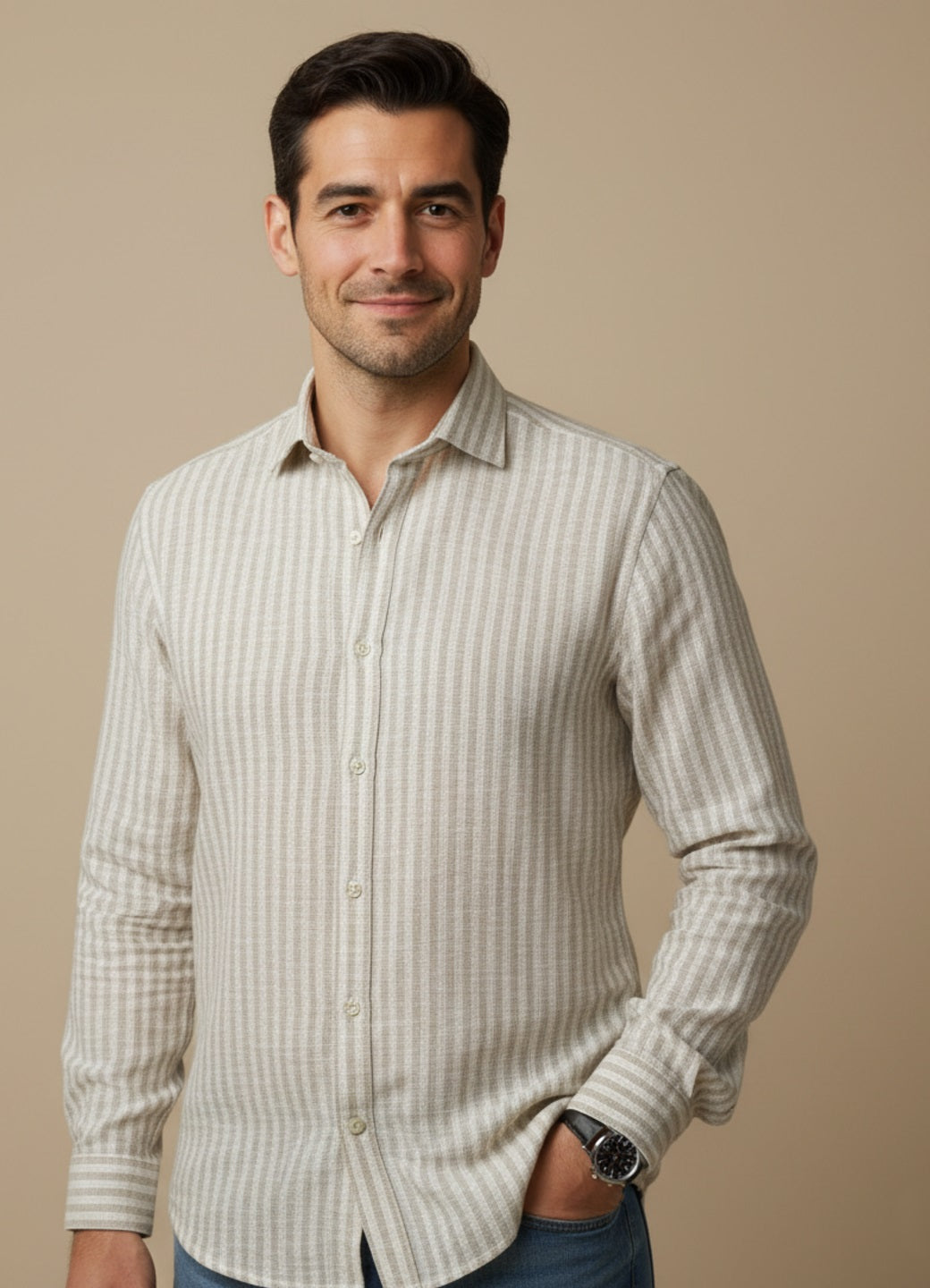 Off White Band Collar Striped Cotton Men's Shirt
