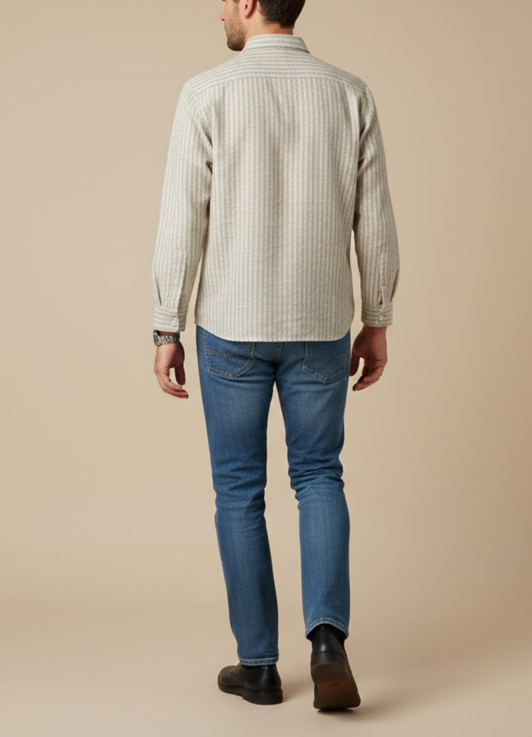 Off White Band Collar Striped Regular Fit Cotton Men's Shirt