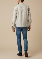 Off White Band Collar Striped Cotton Men's Shirt