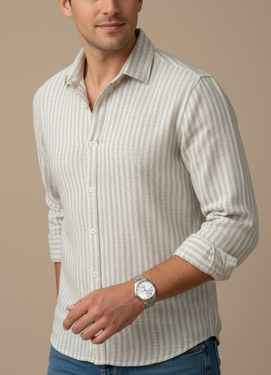 Off White Band Collar Striped Regular Fit Cotton Men's Shirt