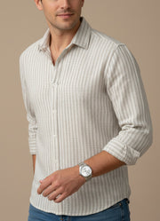 Off White Band Collar Striped Cotton Men's Shirt