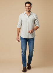 Off White Band Collar Striped Cotton Men's Shirt