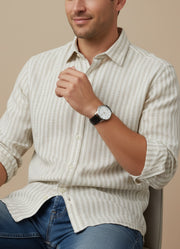Off White Band Collar Striped Cotton Men's Shirt