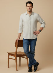 Off White Band Collar Striped Cotton Men's Shirt