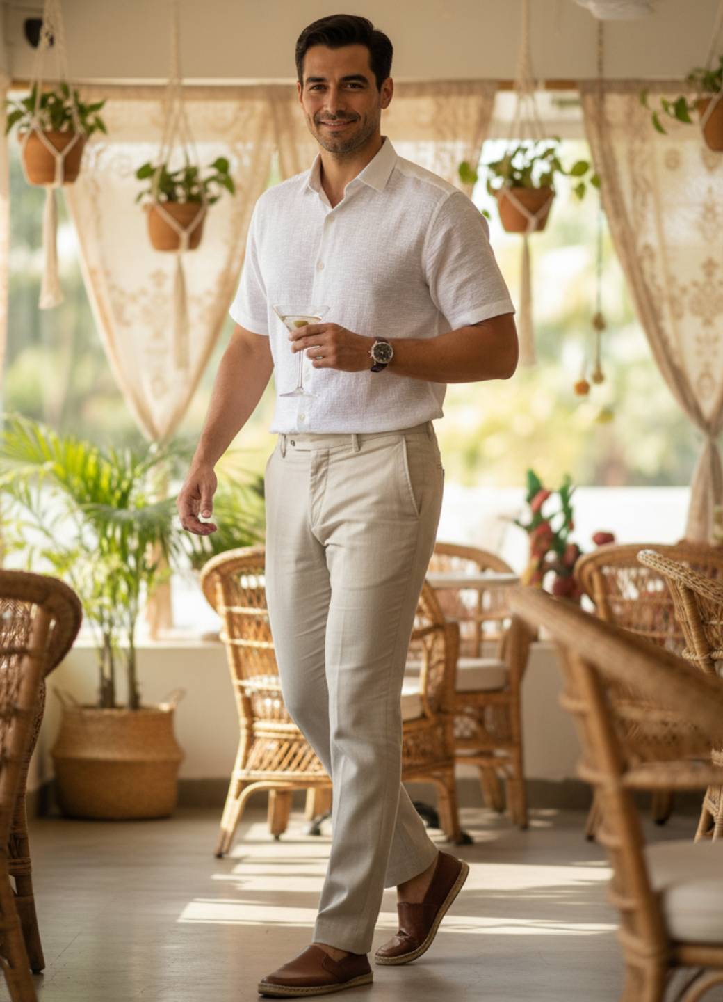 White Cuban Collar Solid Regular Fit Cotton Men's Shirt
