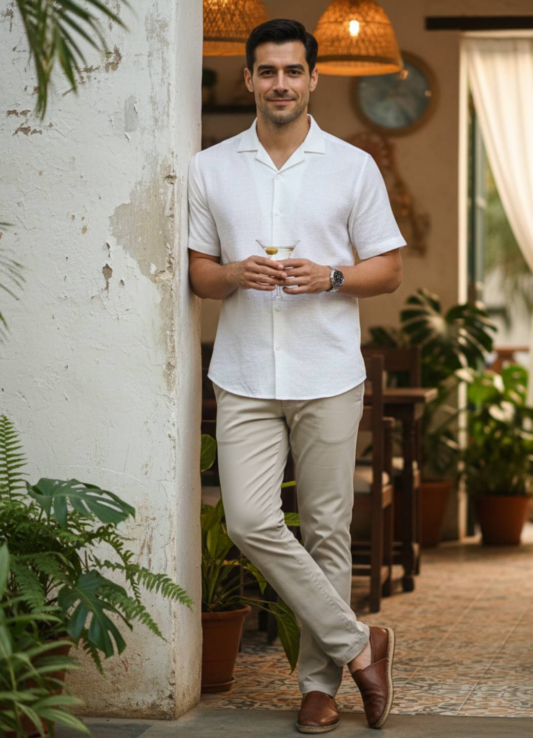 White Cuban Collar Solid Regular Fit Cotton Men's Shirt