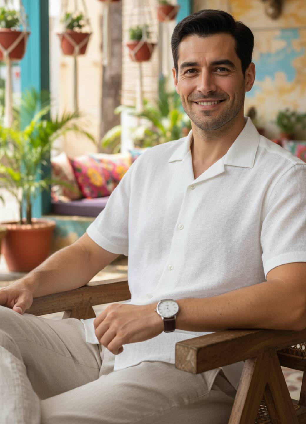 White Cuban Collar Solid Regular Fit Cotton Men's Shirt