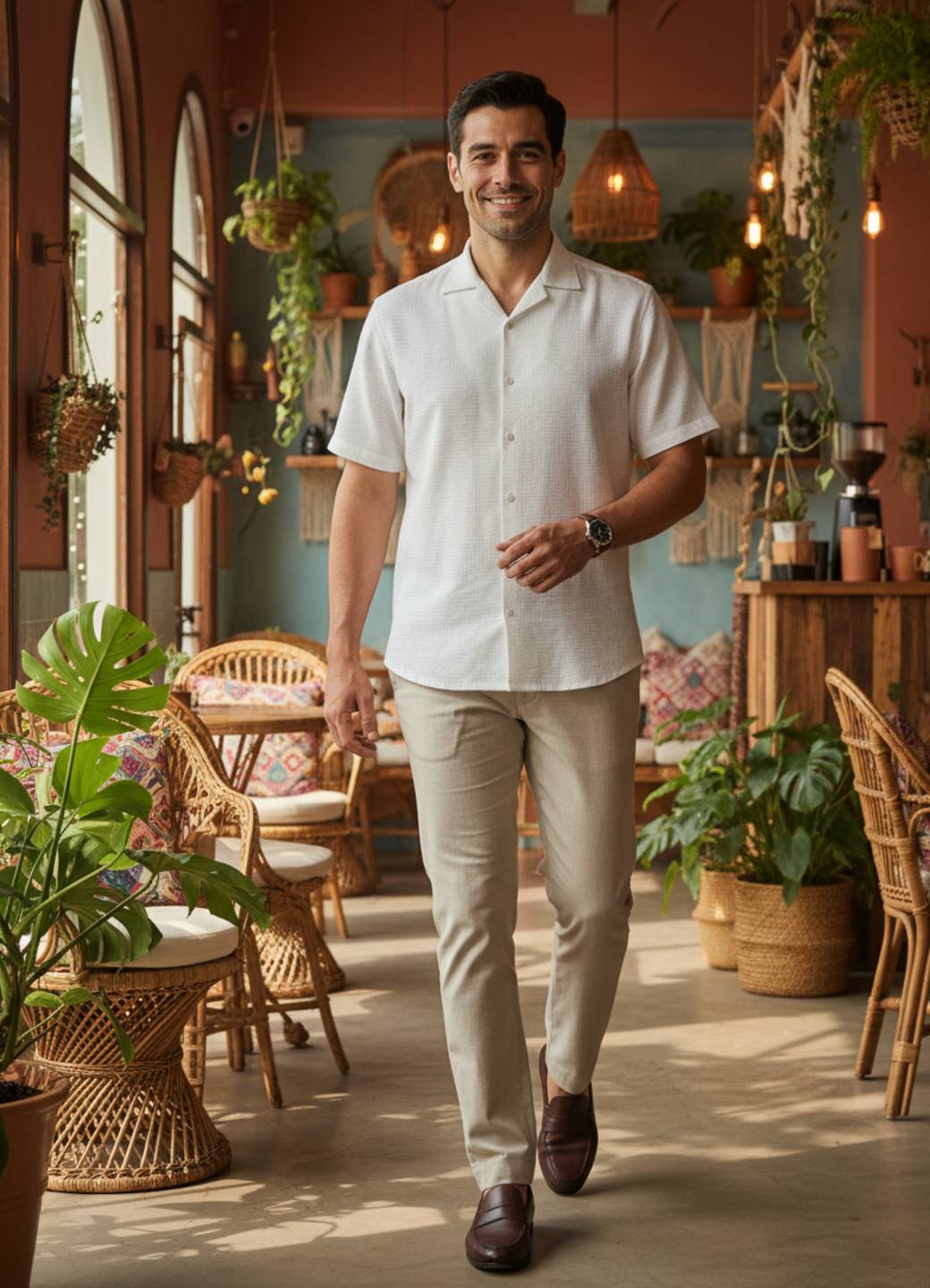 White Cuban Collar Solid Regular Fit Cotton Men's Shirt