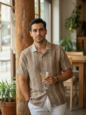 Brown Striped Printed Regular Fit Cotton Men's Shirt