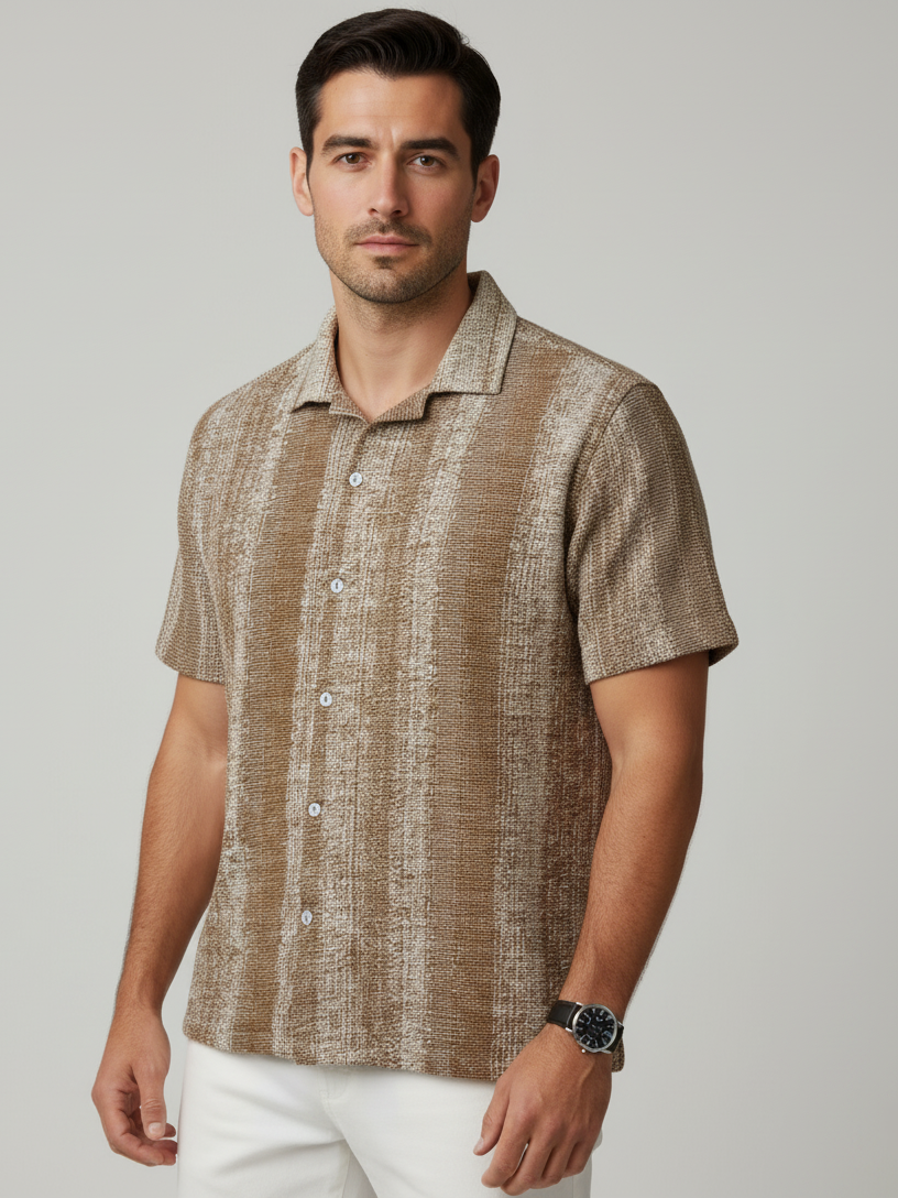 Brown Striped Printed Regular Fit Cotton Men's Shirt