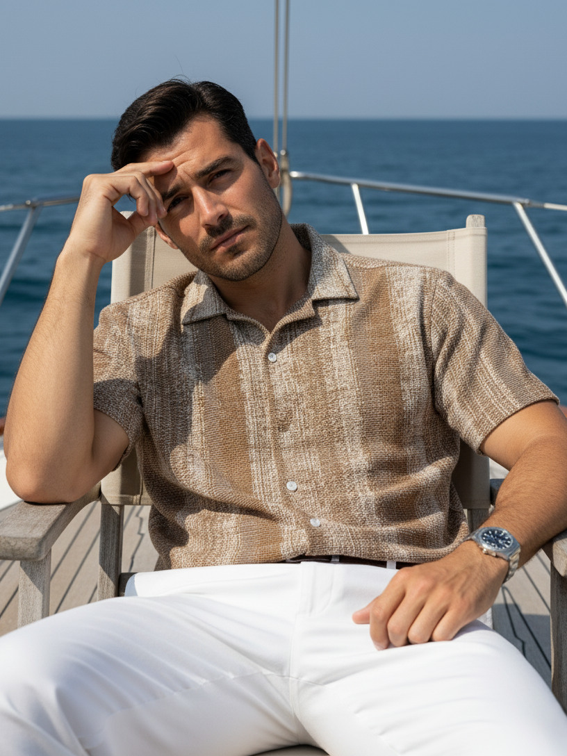 Brown Striped Printed Regular Fit Cotton Men's Shirt
