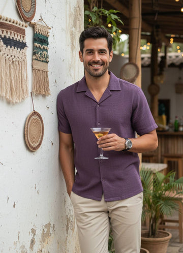 Mauve Cuban Collar Solid Regular Fit Cotton Men's Shirt