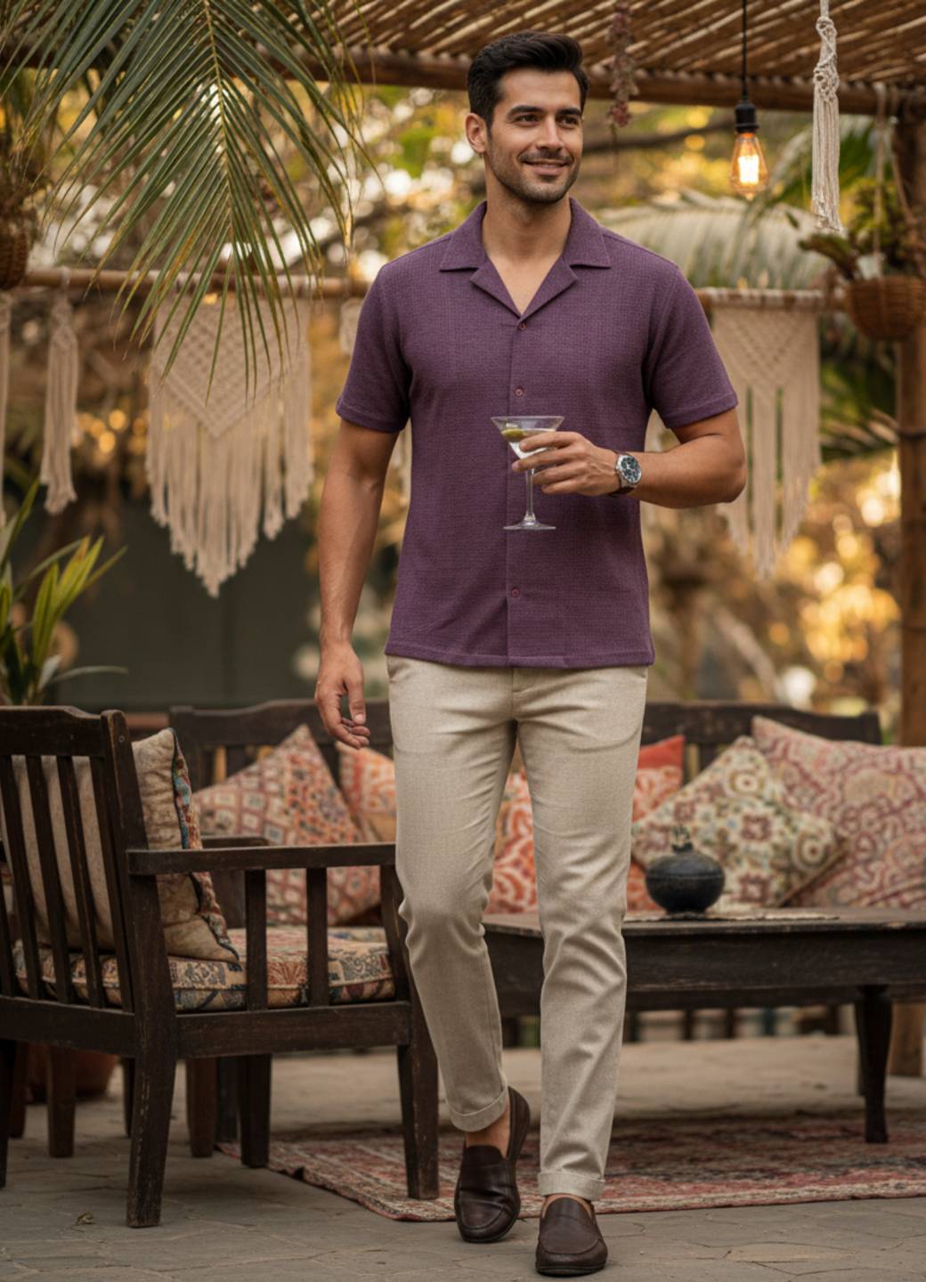 Mauve Cuban Collar Solid Regular Fit Cotton Men's Shirt