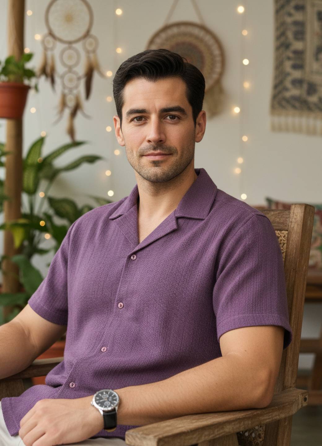Mauve Cuban Collar Solid Regular Fit Cotton Men's Shirt