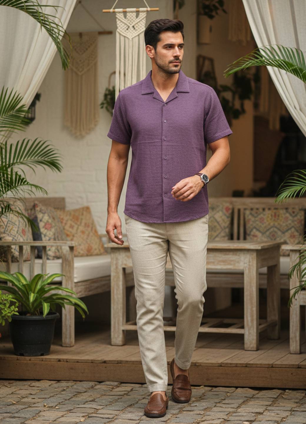 Mauve Cuban Collar Solid Regular Fit Cotton Men's Shirt