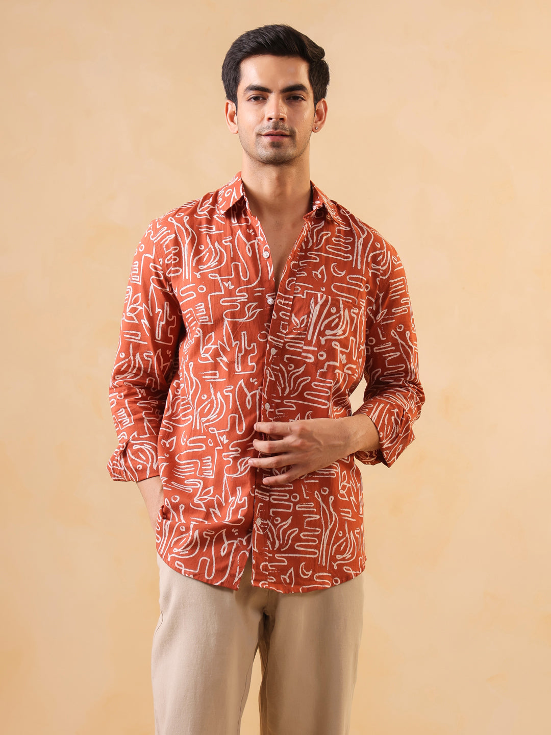 Rust Band Collar Solid Regular Fit Cotton Men's Shirt