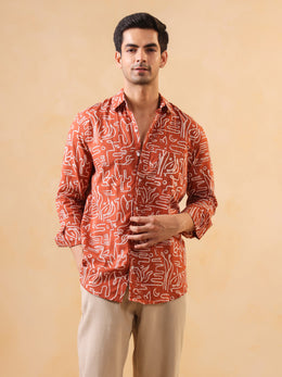Rust Abstract Print Band Collar Solid Cotton Men's Shirt