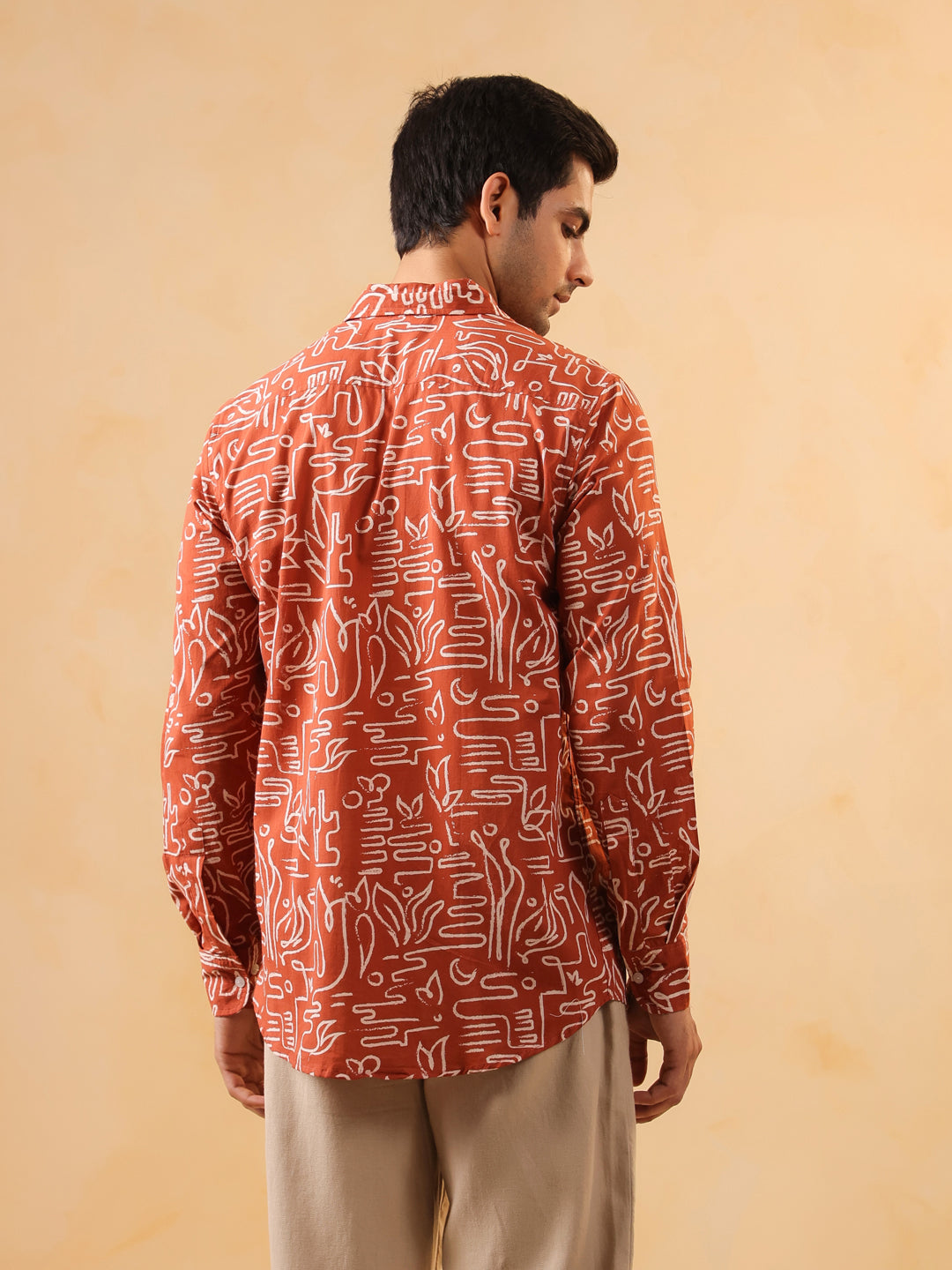 Rust Band Collar Solid Regular Fit Cotton Men's Shirt