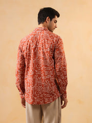 Rust Abstract Print Band Collar Solid Cotton Men's Shirt