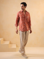 Rust Abstract Print Band Collar Solid Cotton Men's Shirt