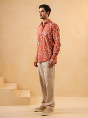 Rust Abstract Print Band Collar Solid Cotton Men's Shirt