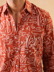 Rust Abstract Print Band Collar Solid Cotton Men's Shirt