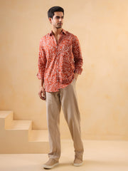 Rust Abstract Print Band Collar Solid Cotton Men's Shirt