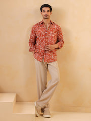 Rust Abstract Print Band Collar Solid Cotton Men's Shirt