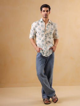 White Floral Print Band Collar Printed Cotton Men's Shirt