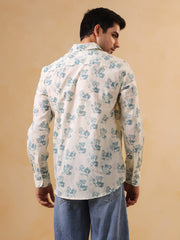 White Floral Print Band Collar Printed Cotton Men's Shirt