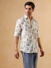 White Floral Print Band Collar Printed Cotton Men's Shirt