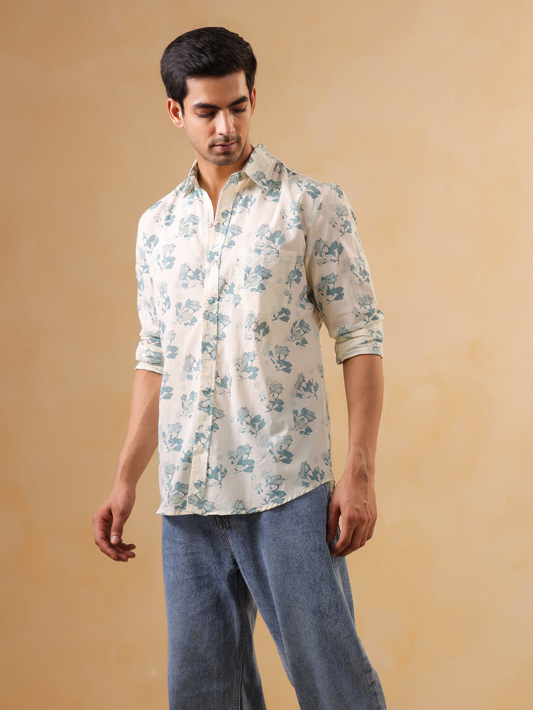 White Band Collar Printed Regular Fit Cotton Men's Shirt