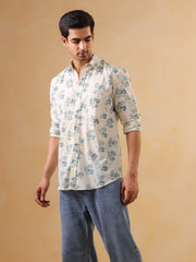 White Floral Print Band Collar Printed Cotton Men's Shirt