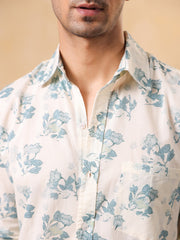White Floral Print Band Collar Printed Cotton Men's Shirt