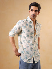 White Floral Print Band Collar Printed Cotton Men's Shirt