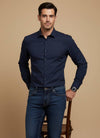 Navy Blue Solid Satin Band Collar Men's Shirt